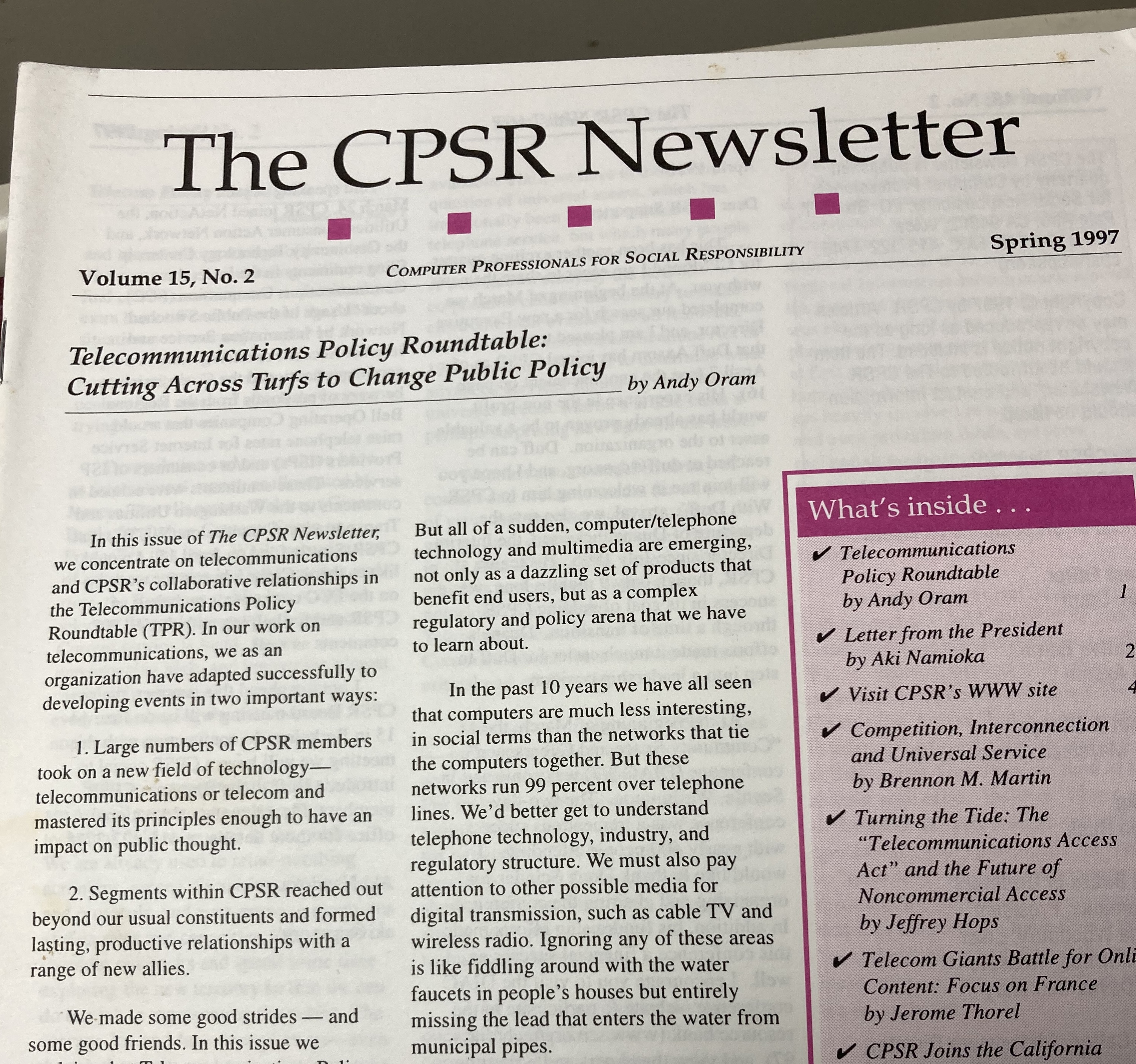 CPSR Newsletter from 1997 with my lead article on telecommunications policy
