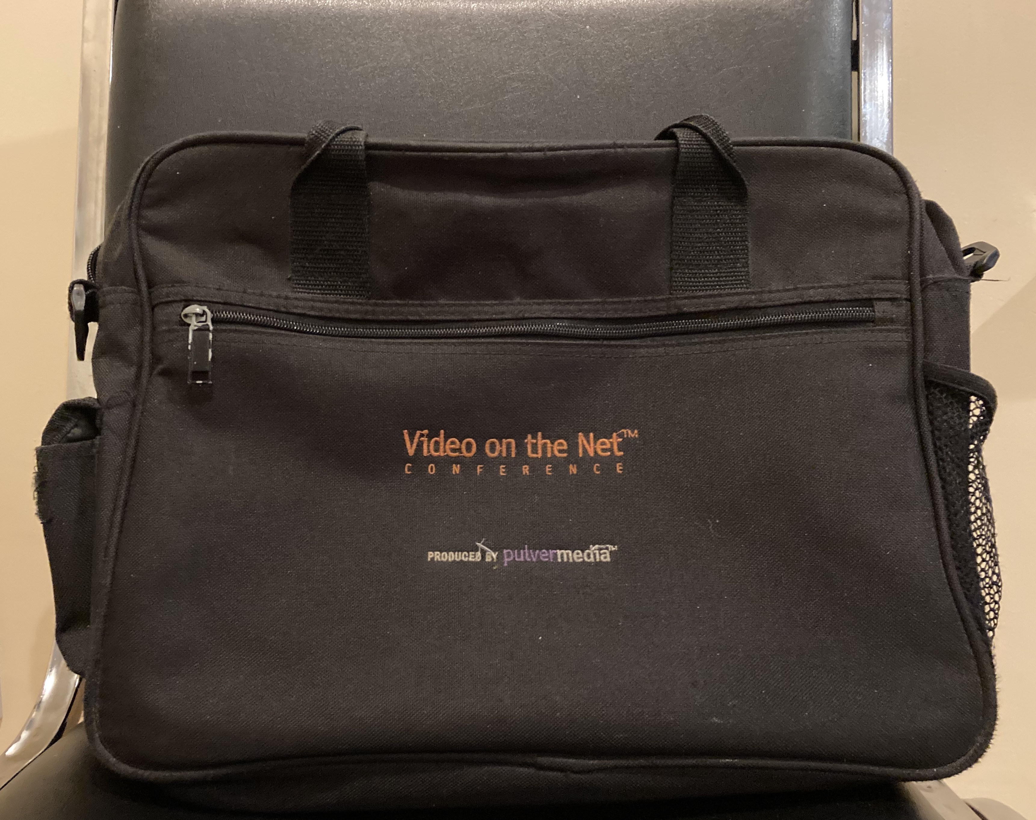 Photo of a laptop bag from the Video on the Net conference